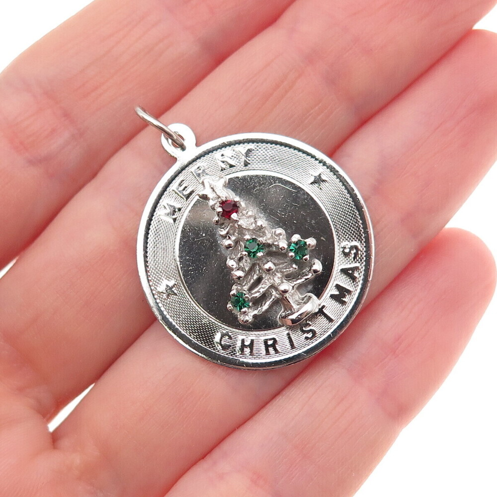 925 Sterling Silver Vintage Rhinestone Merry Christmas Tree Charm Pendant